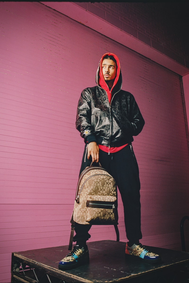 BAPE x Coach Collection Lookbook Jacket Monogram Black Hoodie Red Backpack Brown