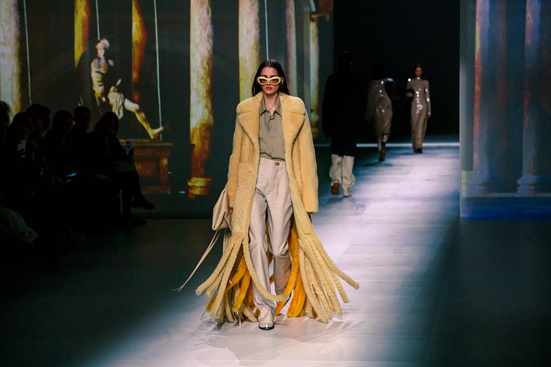 Bottega Veneta Fall Winter 2020 FW20 Runway Show Collection Milan Fashion Week Daniel Lee Fringe Shearling Coat Beige Orange Sunglasses