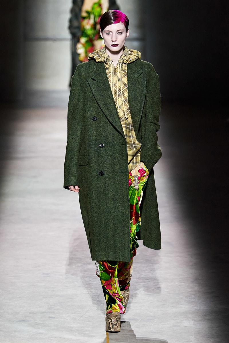 Dries Van Noten Fall/Winter 2020 Collection Runway Show Coat Green Plaid Hoodie