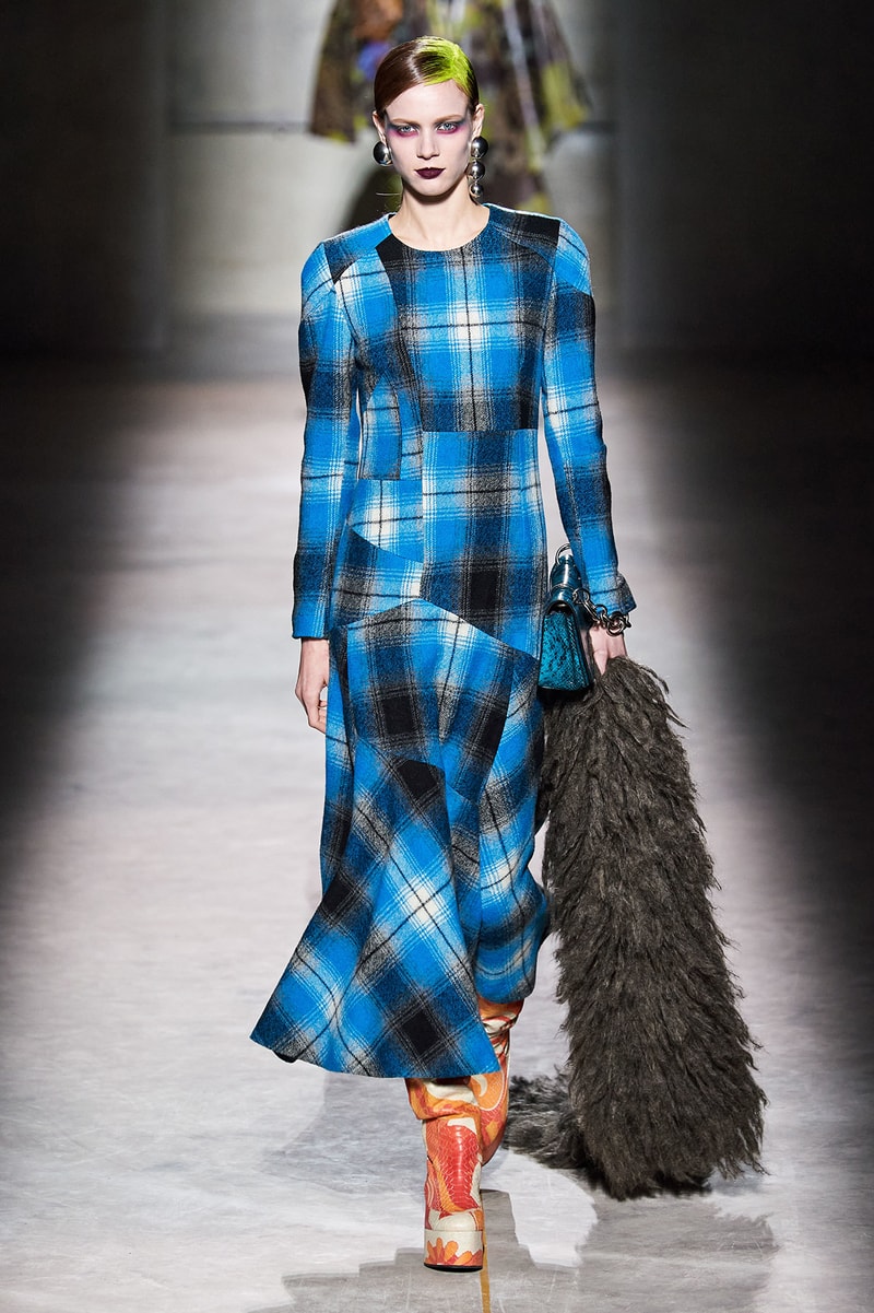 Dries Van Noten Fall/Winter 2020 Collection Runway Show Plaid Dress Blue