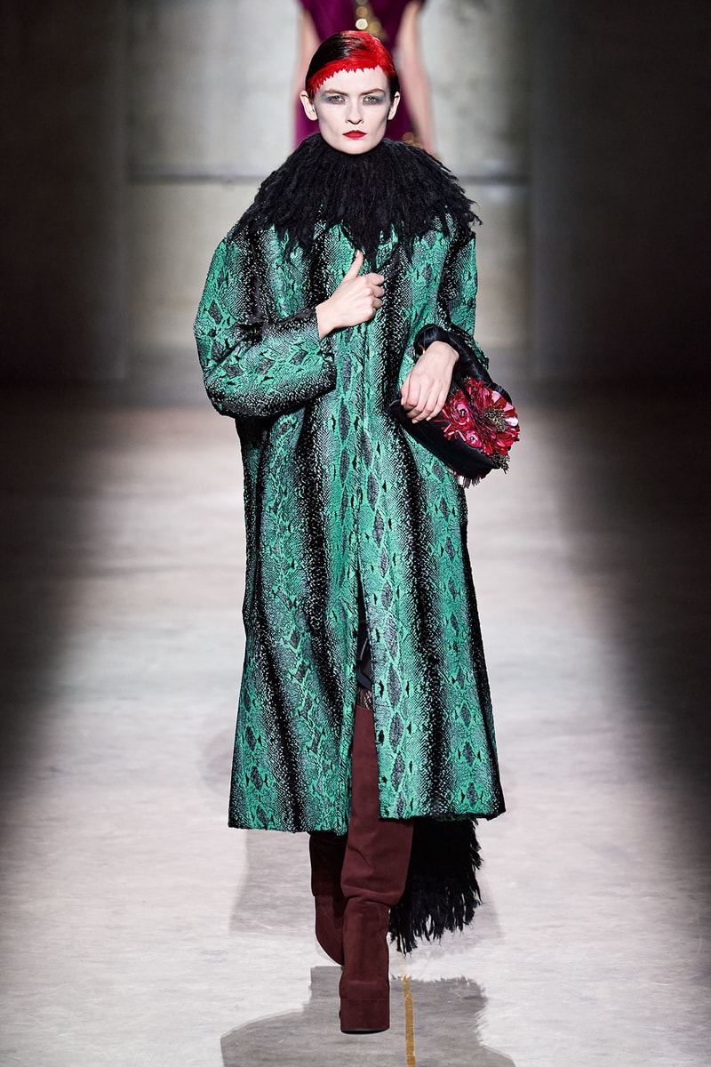 Dries Van Noten Fall/Winter 2020 Collection Runway Show Snakeskin Coat Green