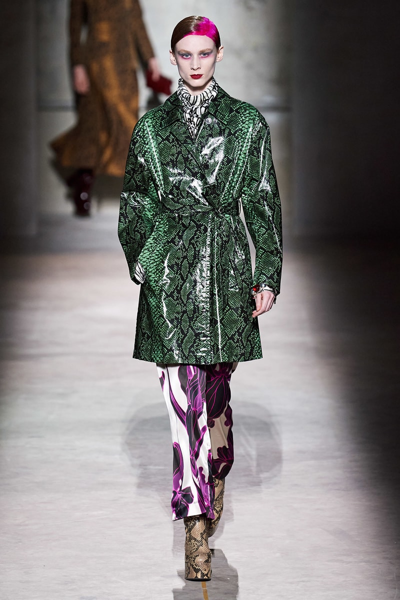 Dries Van Noten Fall/Winter 2020 Collection Runway Show Snakeskin Coat Green
