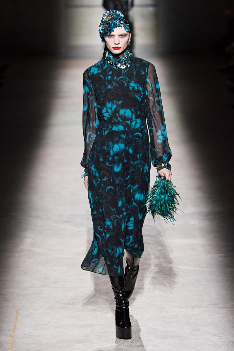 Dries Van Noten Fall/Winter 2020 Collection Runway Show Floral Dress Blue
