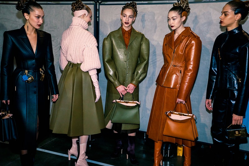 Fendi Fall Winter 2020 FW20 Silvia Venturini Milan Fashion Week Runway Show Backstage Models Bella Gigi Hadid Leather Coat Jacket Black Brown Green Bags Skirt Hair Headband