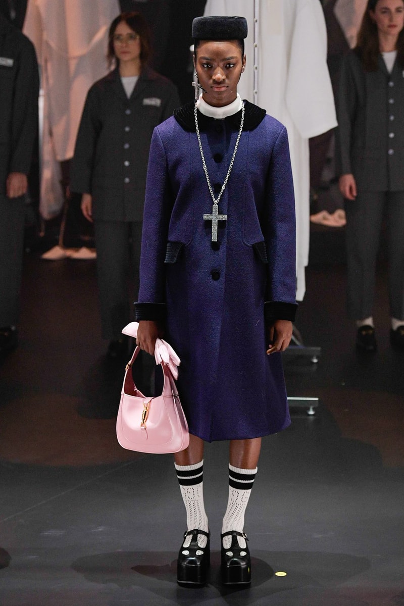 Gucci Fall/Winter 2020 Collection Runway Show Coat Navy Cross Necklace