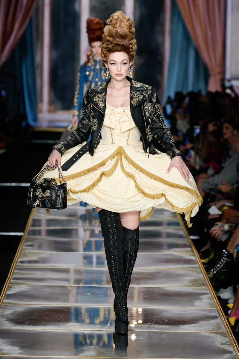 Moschino Fall/Winter 2020 Collection Runway Show Leather Jacket Yellow Dress