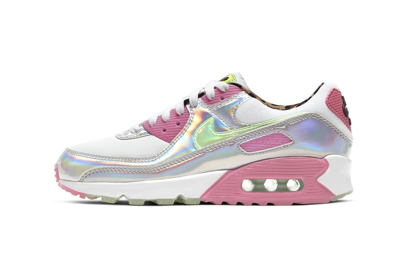 nike air max 90 womens sneakers pink fuchsia white green holographic silver metallic shoes footwear sneakerhead