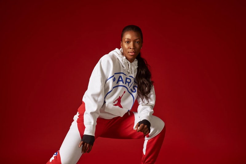 nike jordan brand paris saint germain collaboration womens jacket hoodie dress sportswear athleisure white red blue sneakers
