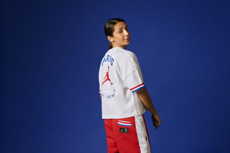 nike jordan brand paris saint germain collaboration womens jacket hoodie dress sportswear athleisure white red blue sneakers