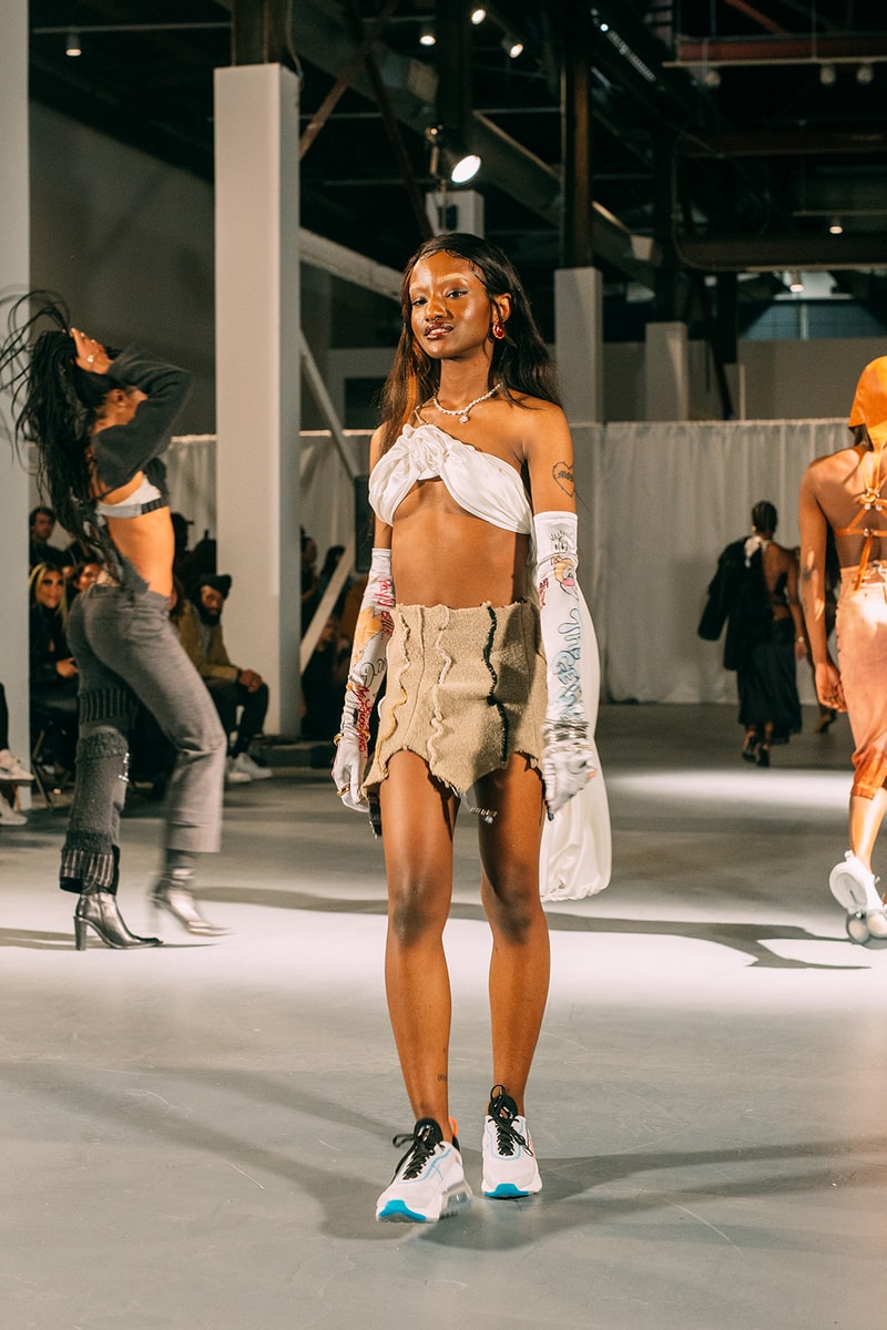 no sesso pierre davis arin hayes autumn randolph fall winter collection los angeles runway show bralette skirt gloves sneakers