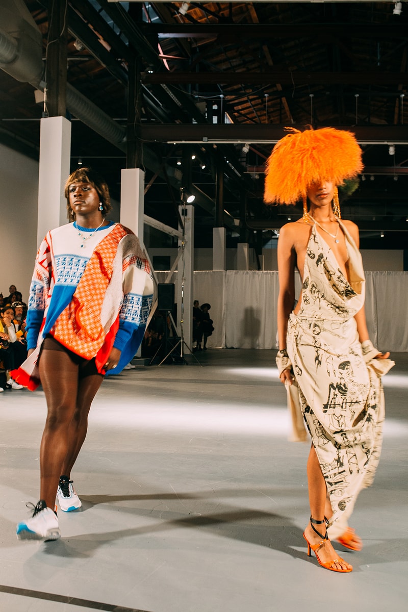 no sesso pierre davis arin hayes autumn randolph fall winter collection los angeles runway show silk dress sweater sneakers wig heels