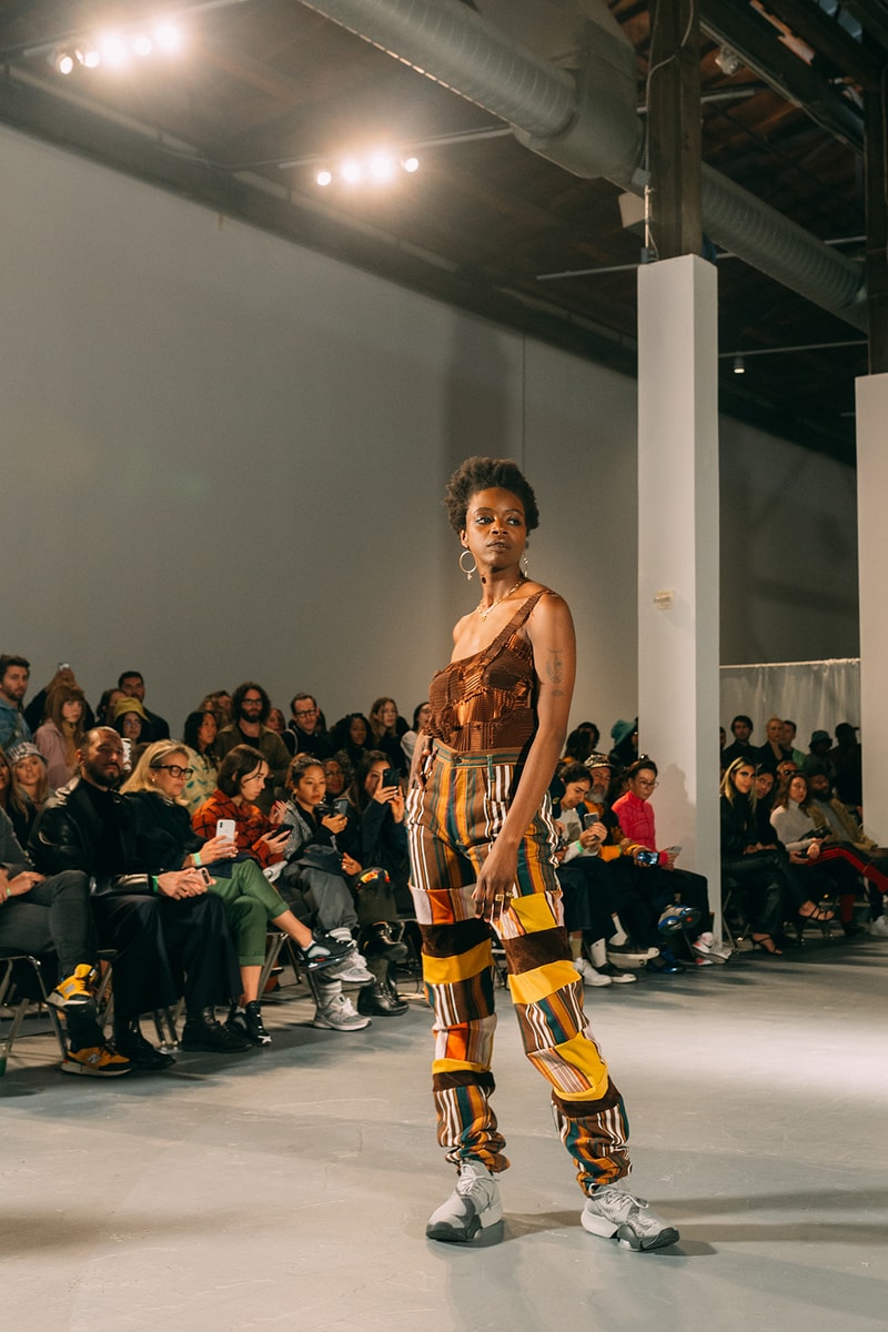no sesso pierre davis arin hayes autumn randolph fall winter collection los angeles runway show one shoulder top pants sneakers