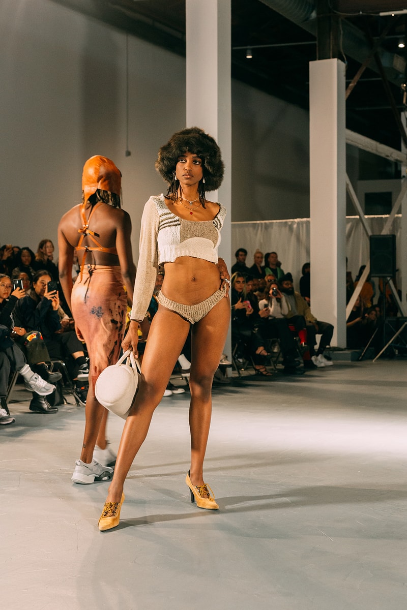 no sesso pierre davis arin hayes autumn randolph fall winter collection los angeles runway show crop top long sleeve underwear heels bag accessories