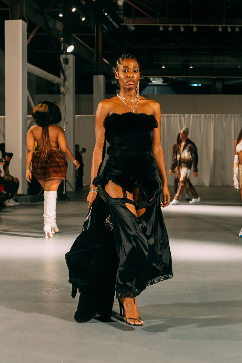 no sesso pierre davis arin hayes autumn randolph fall winter collection los angeles runway show black dress heels