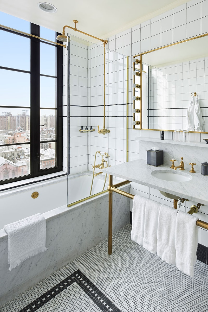 ludlow hotel bathroom new york city instagram nyc white walls gold view window