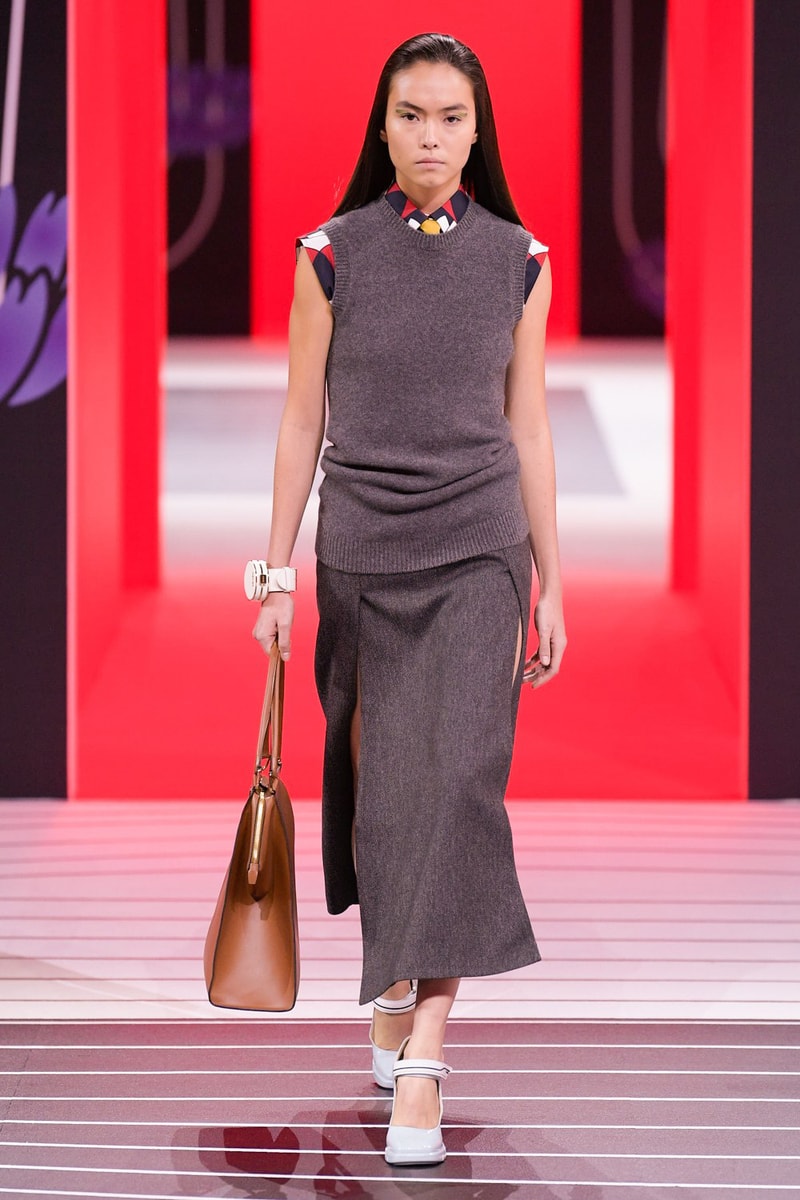 Prada Fall/Winter 2020 Collection Runway Show Sweater Vest Skirt Grey