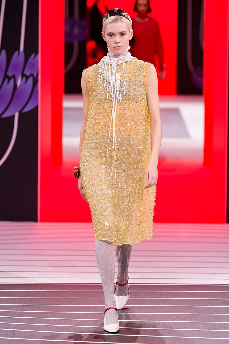 Prada Fall/Winter 2020 Collection Runway Show Beaded Dress Yellow