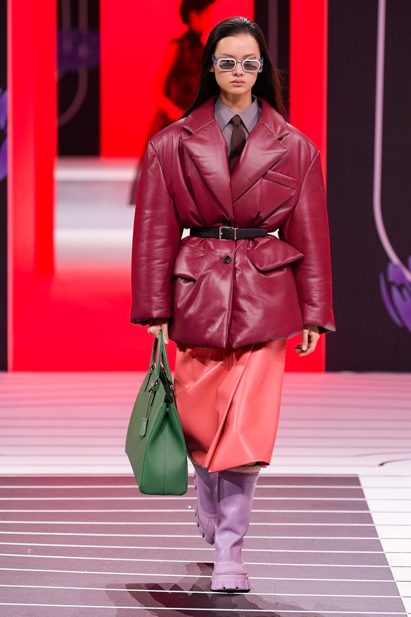 Prada Fall/Winter 2020 Collection Runway Show Leather Puffer Burgundy