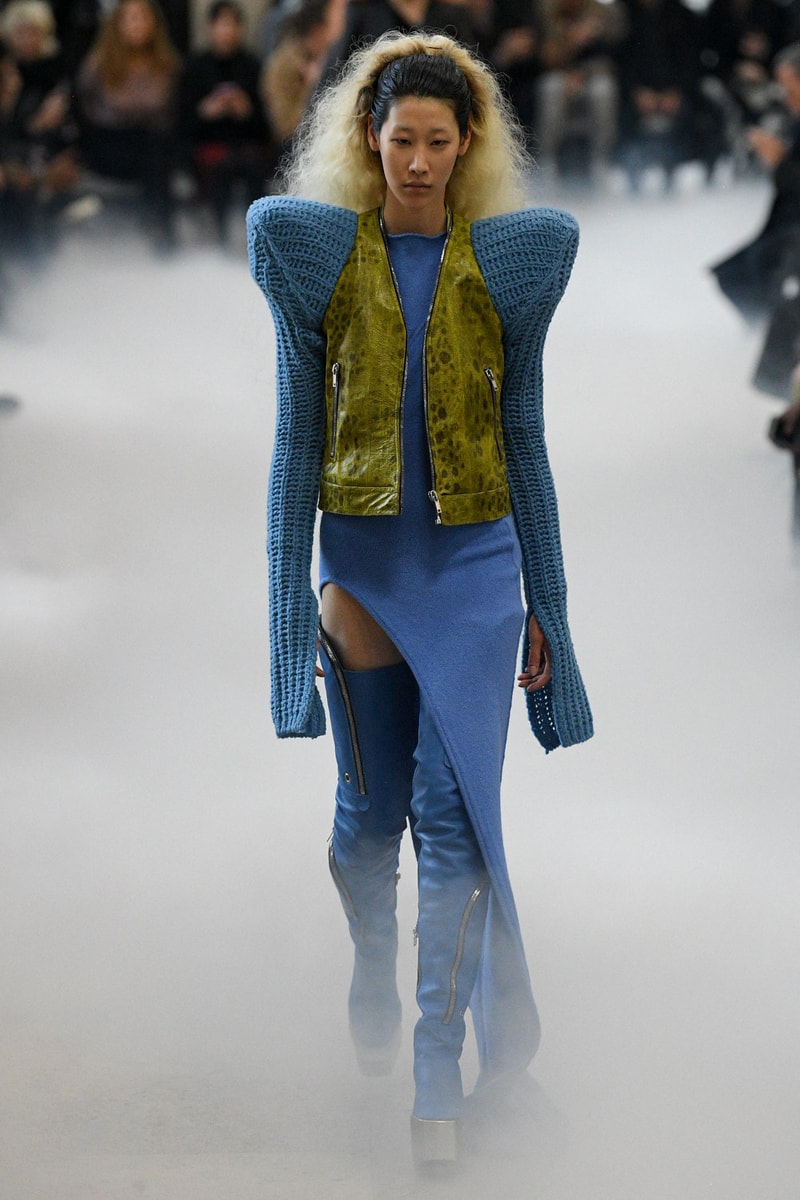 Rick Owens Fall/Winter 2020 Collection Runway Show Jacket Green Blue Knit Sleeves