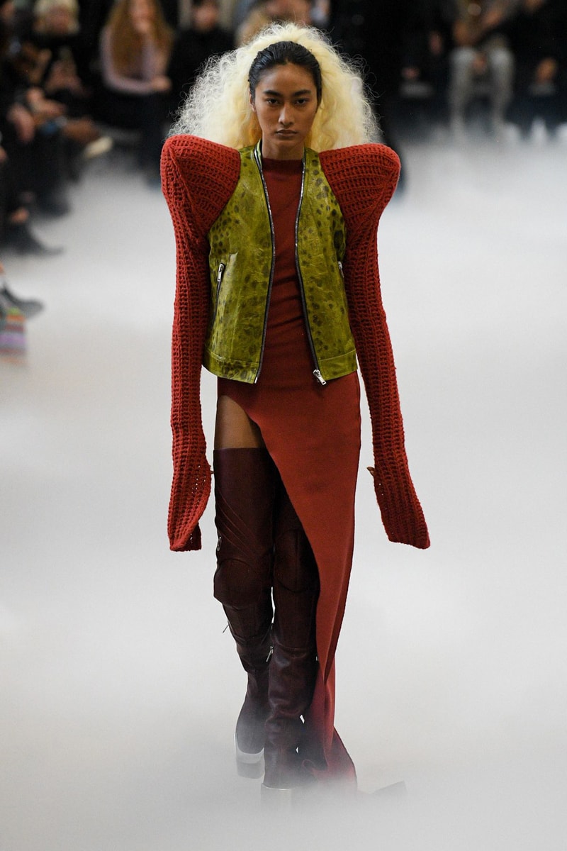 Rick Owens Fall/Winter 2020 Collection Runway Show Leather Jacket Green Knit Sleeves Red