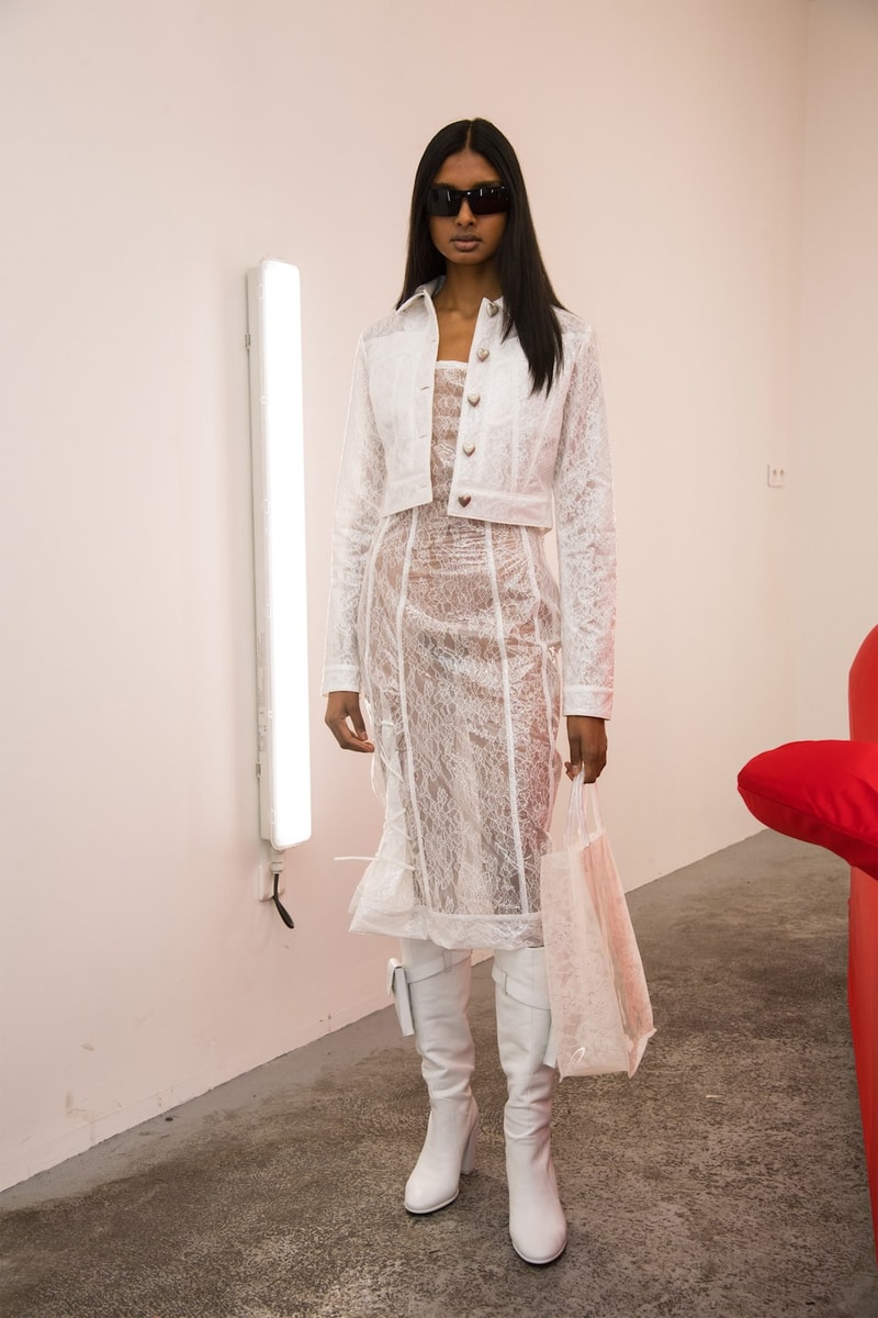 saks potts paris fashion week fall winter collection cathrine barbara lime green trench coat transparent bag white crop jacket mesh dress shades sunglasses