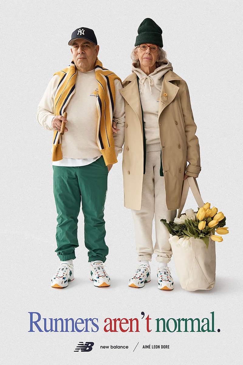 aime leon dore new balance collaboration 827 sneakers white red yellow blue coats outerwear beanies new era snapback cap pants sweaters jackets