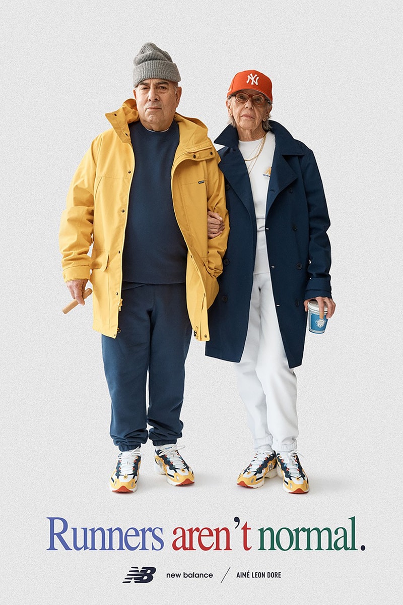 aime leon dore new balance collaboration 827 sneakers white red yellow blue coats outerwear beanies new era snapback cap pants sweaters jackets