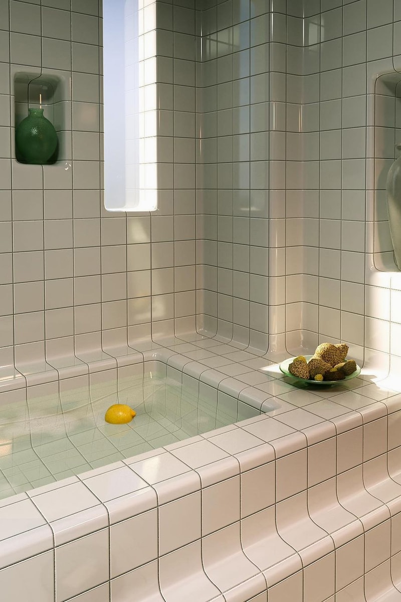 Bathroom Design Idea Modern Home Minimalist White Tiles Bathtub Stairs Steps charlottetaylr formundrausch dtile vases