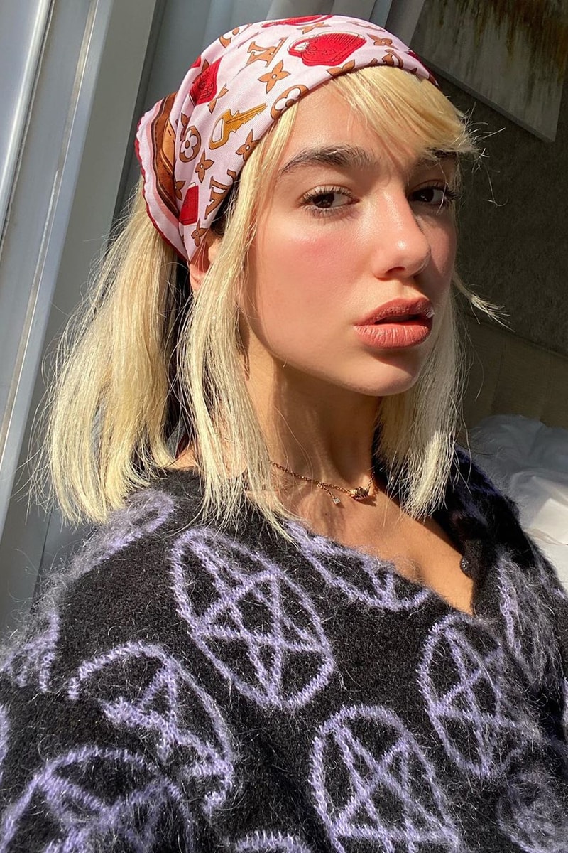 Dua Lipa Louis Vuitton Pink Locks Headscarf Square Scarf Blonde Hair Ashley Williams Pentagram Star Purple Knit Cardigan Sweater Choker Home Outfit Quarantine 