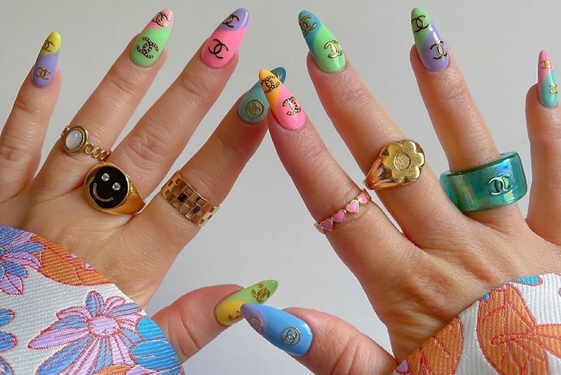 best spring nail polish art trends manicure hard soft gel acrylic beauty chanel monogram logo nude brown white green pink purple blue rings jewelry