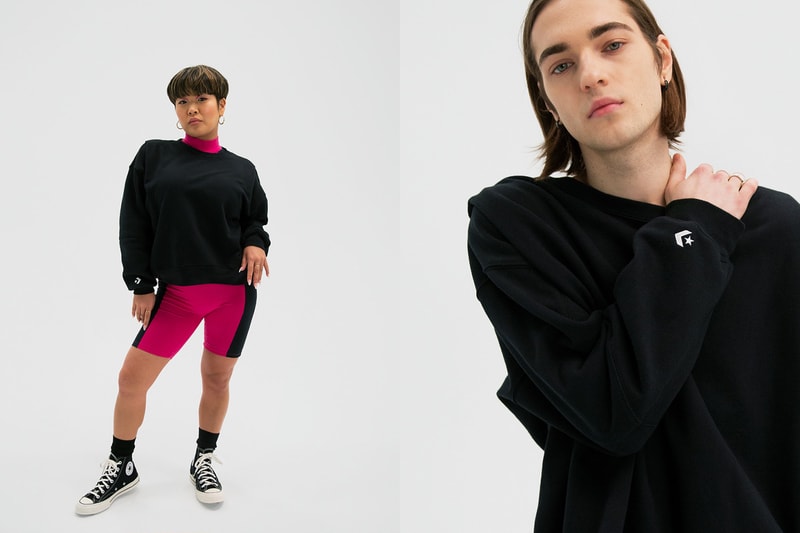 converse shapes genderless apparel collection crew neck sweaters chinos pants silver necklace t shirts