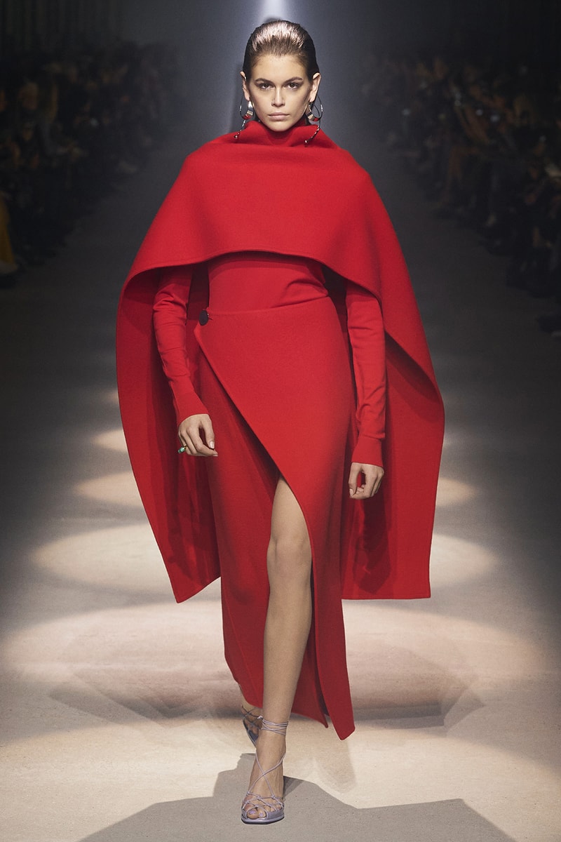 givenchy paris fashion week fall winter womens collection clare waight keller runway show kaia gerber adut akech red black white gown pants shirred blouse