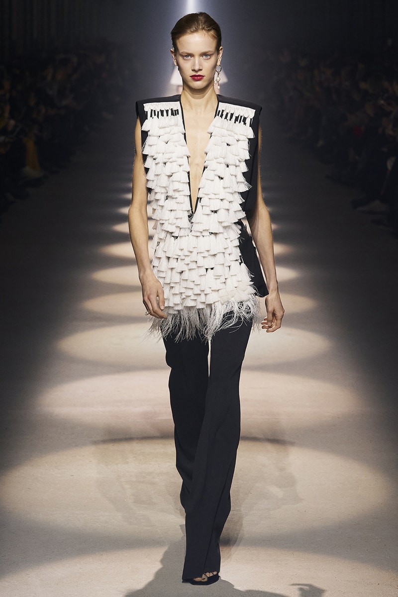 givenchy paris fashion week fall winter womens collection clare waight keller runway show kaia gerber adut akech red black white gown pants shirred blouse