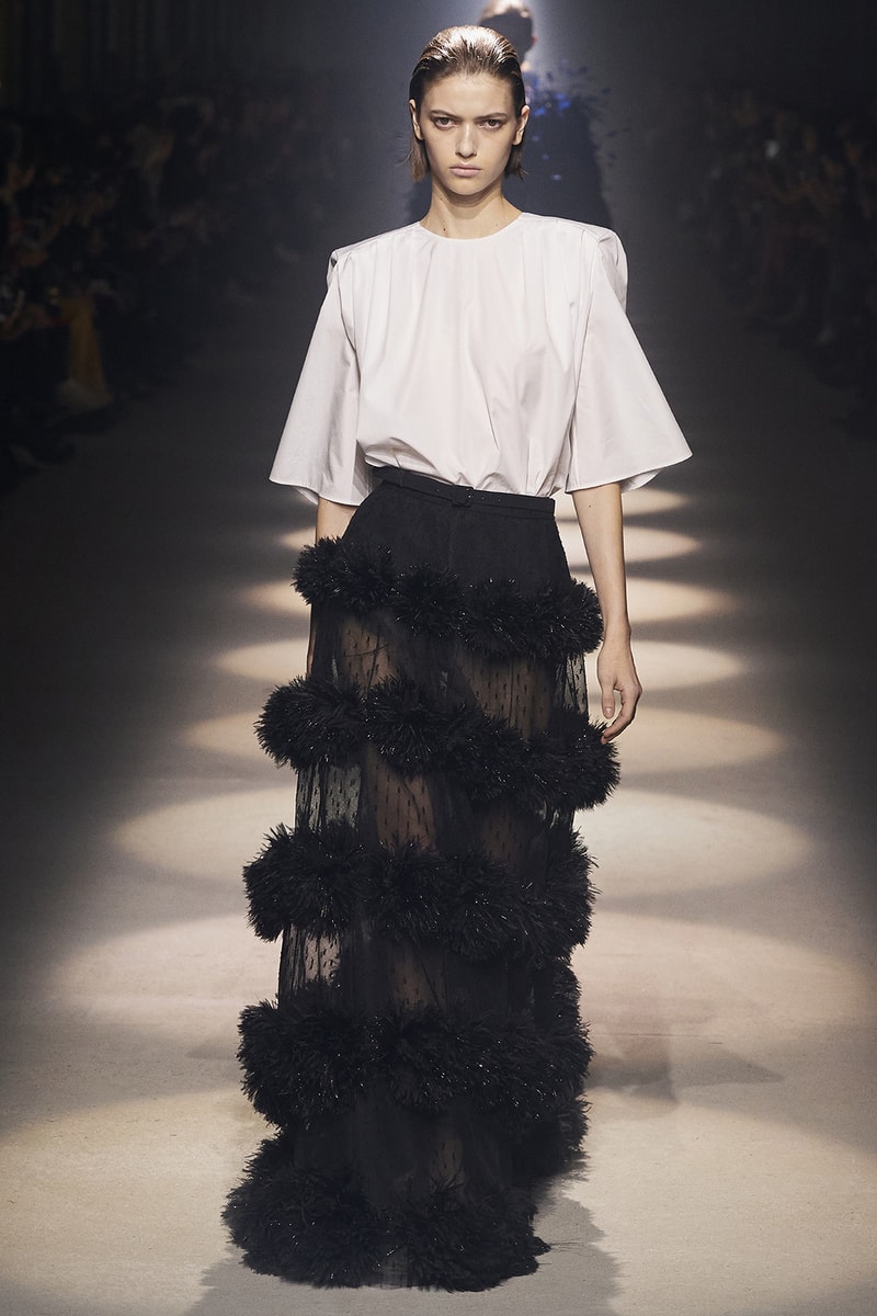 givenchy paris fashion week fall winter womens collection clare waight keller runway show kaia gerber adut akech red black white gown pants shirred blouse