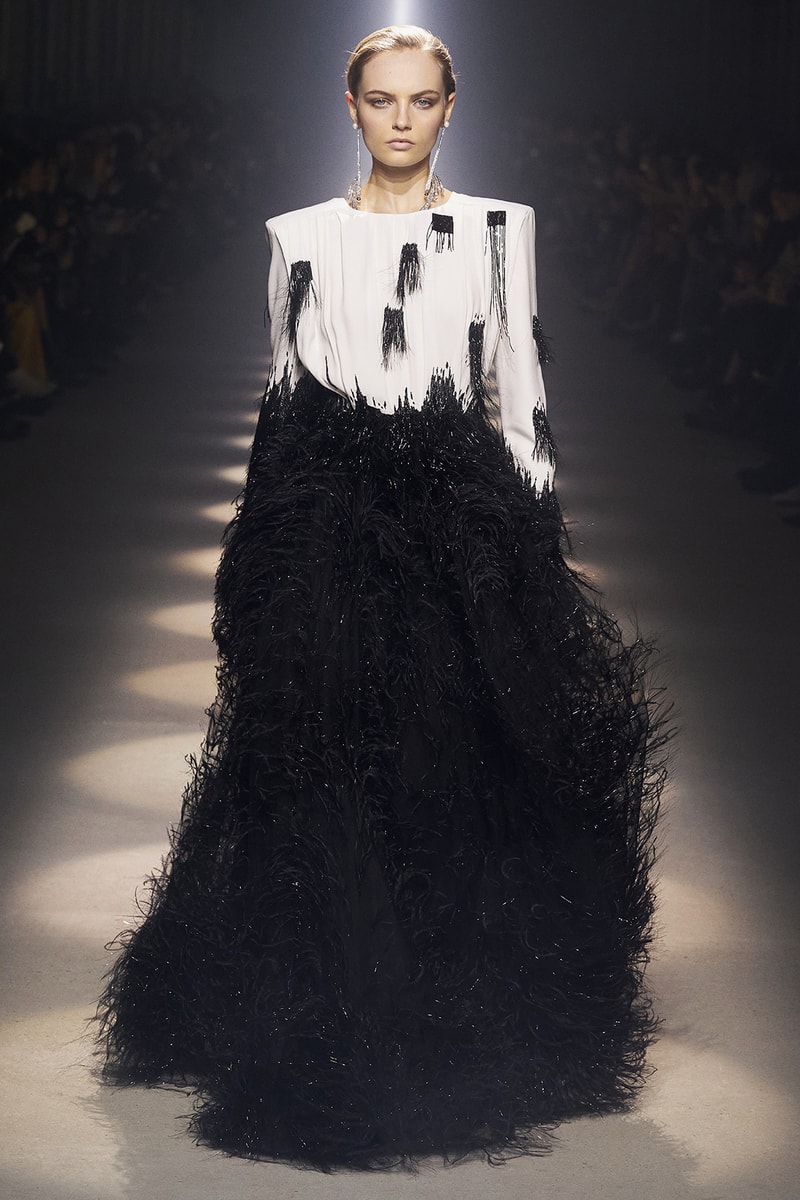 givenchy paris fashion week fall winter womens collection clare waight keller runway show kaia gerber adut akech red black white gown pants shirred blouse