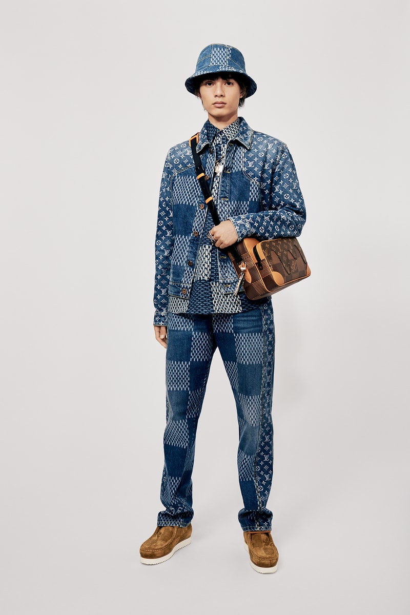 Louis Vuitton NIGO x Virgil Alboh LV2 Collection Lookbook Denim Jacket Jeans Bucket Hat Damier Check Blue