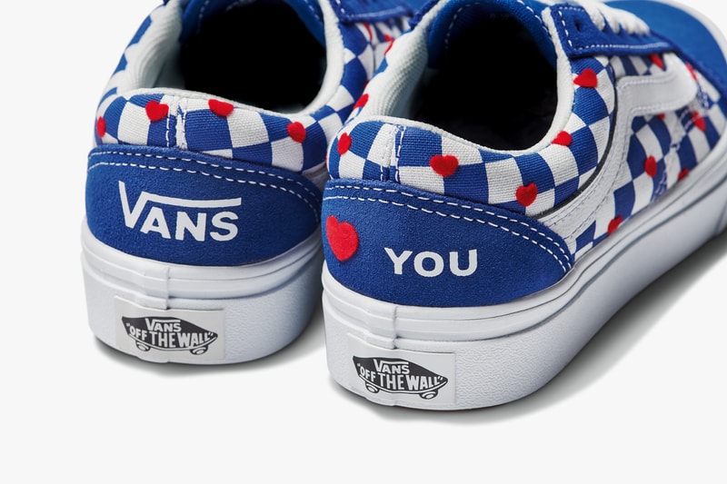 vans comfycush old new skool slip on sneakers autism awareness sensory inclusive charity donation checkered print hearts navy blue white 