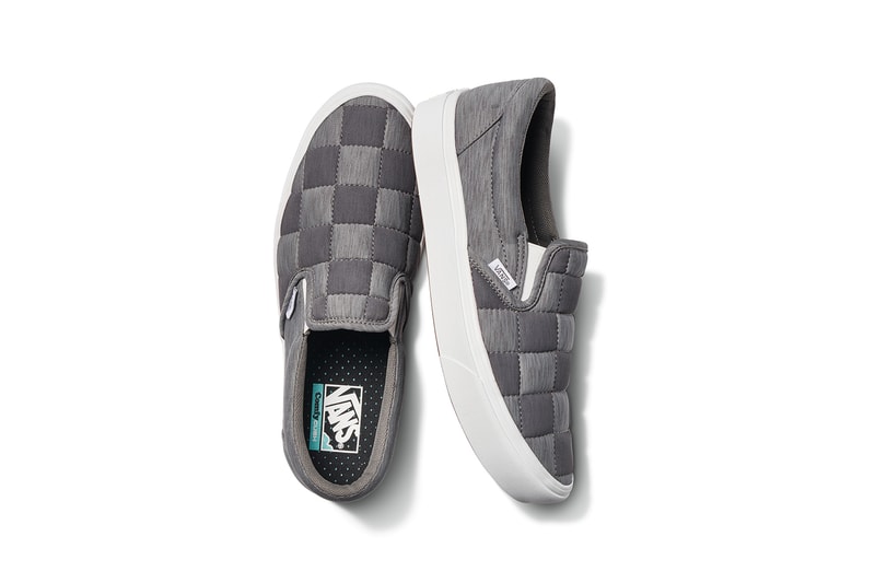 vans comfycush old new skool slip on sneakers autism awareness sensory inclusive charity donation checkered print hearts navy blue white 
