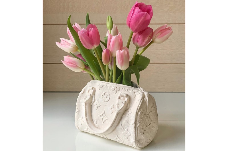 bodega rose louis vuitton lv speedy bag purse flowers plants vases tulips