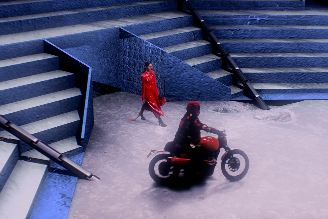 Angel Chen Digital Runway Show Virtual Reality Catwalk Shanghai Fashion Week Chinese Designer Red Coat Motorcycle 