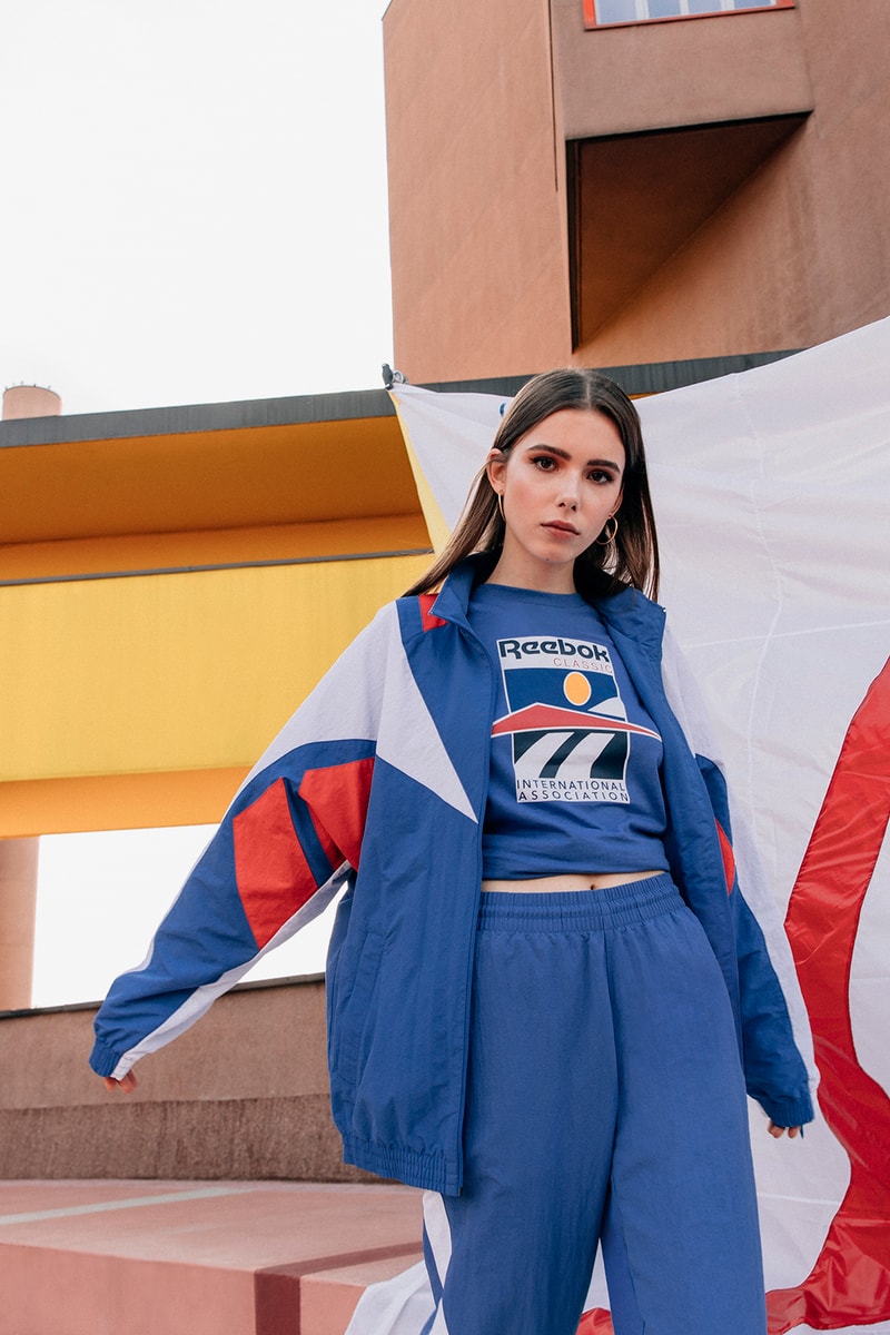 reebok international sports collection spring summer classic leather sneakers jackets shirts pants blue white red
