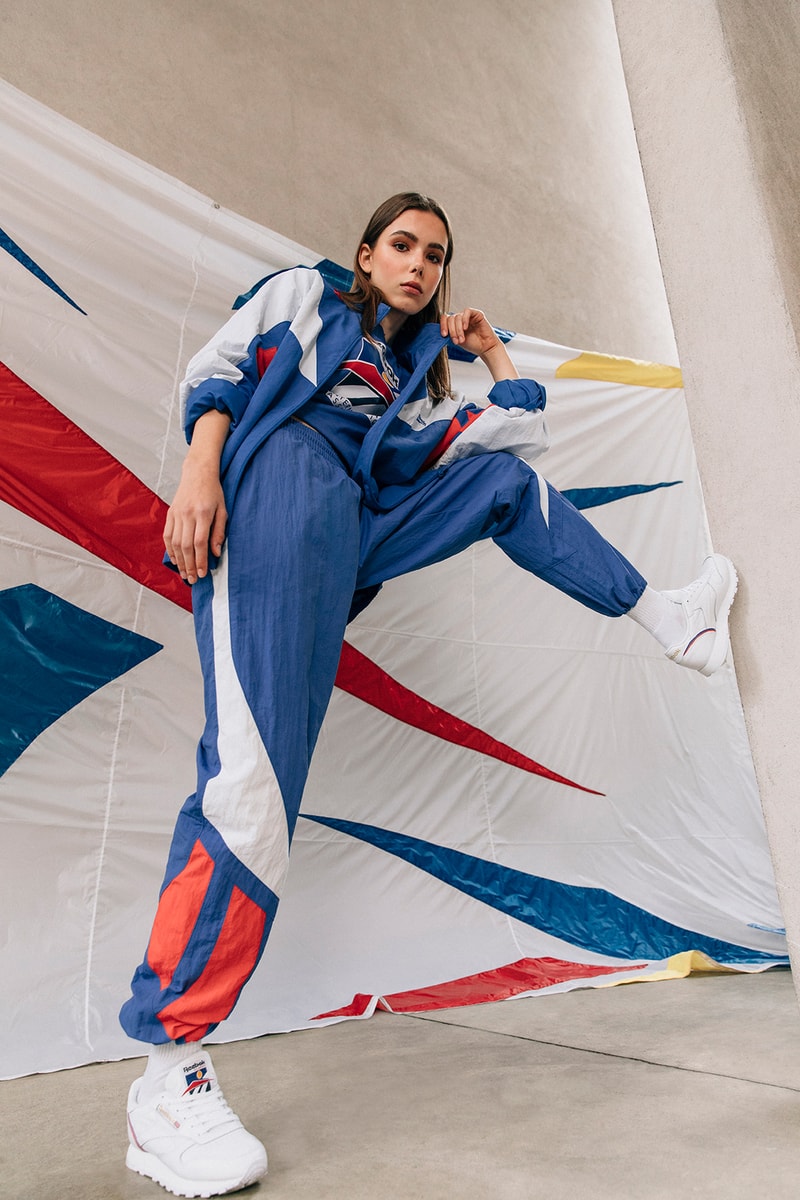 reebok international sports collection spring summer classic leather sneakers jackets shirts pants blue white red
