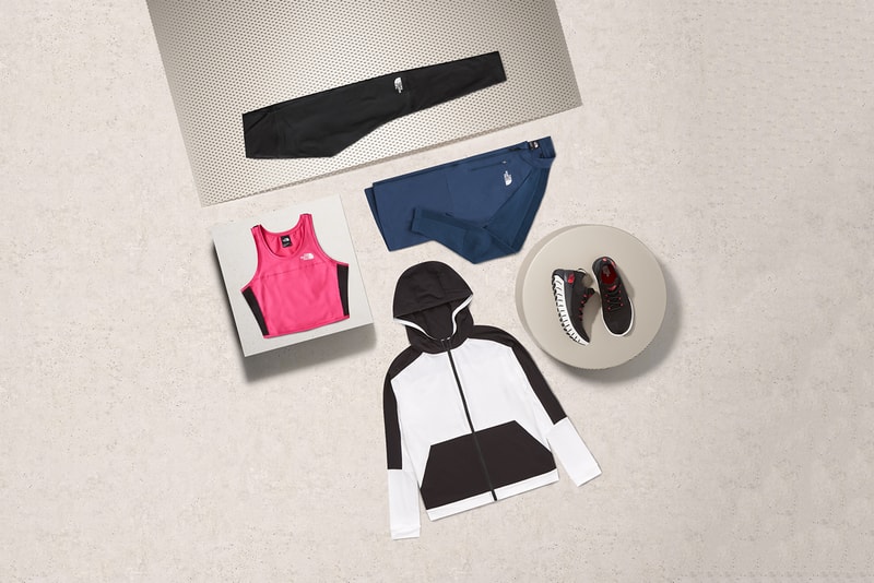 the north face active trail collection jackets shirts leggings sneakers sportswear pink white black blue beige grey