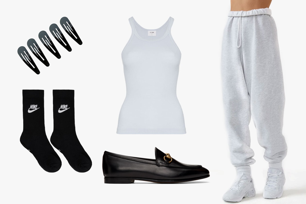 Re/done Ribbed Tank Top Joah Brown Oversized Sweatpants Hair clips Nike Black Crew Socks Gucci Jordaan Loafers