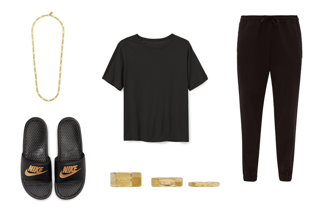 Everlane The Air Oversized Crew Tee WARDROBE.NYC Release 02 High-Rise Cotton Track Pants Nike Benassi Slides Off-White Gold Hexnut Ring Set Numbering Gold #855 Necklace