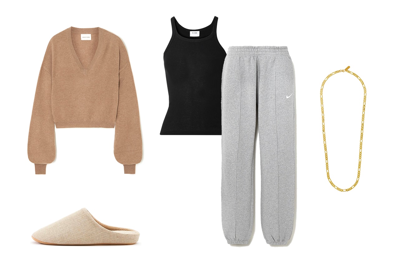 RE/DONE Ribbed Cotton-Jersey Tank Loulou Studio Fangatau Cashmere Sweater Nike Embroidered Cotton-Blend Fleece Track Pants Numbering Gold #855 Necklace MUJI Linen Twill Cushion Slippers Ecru