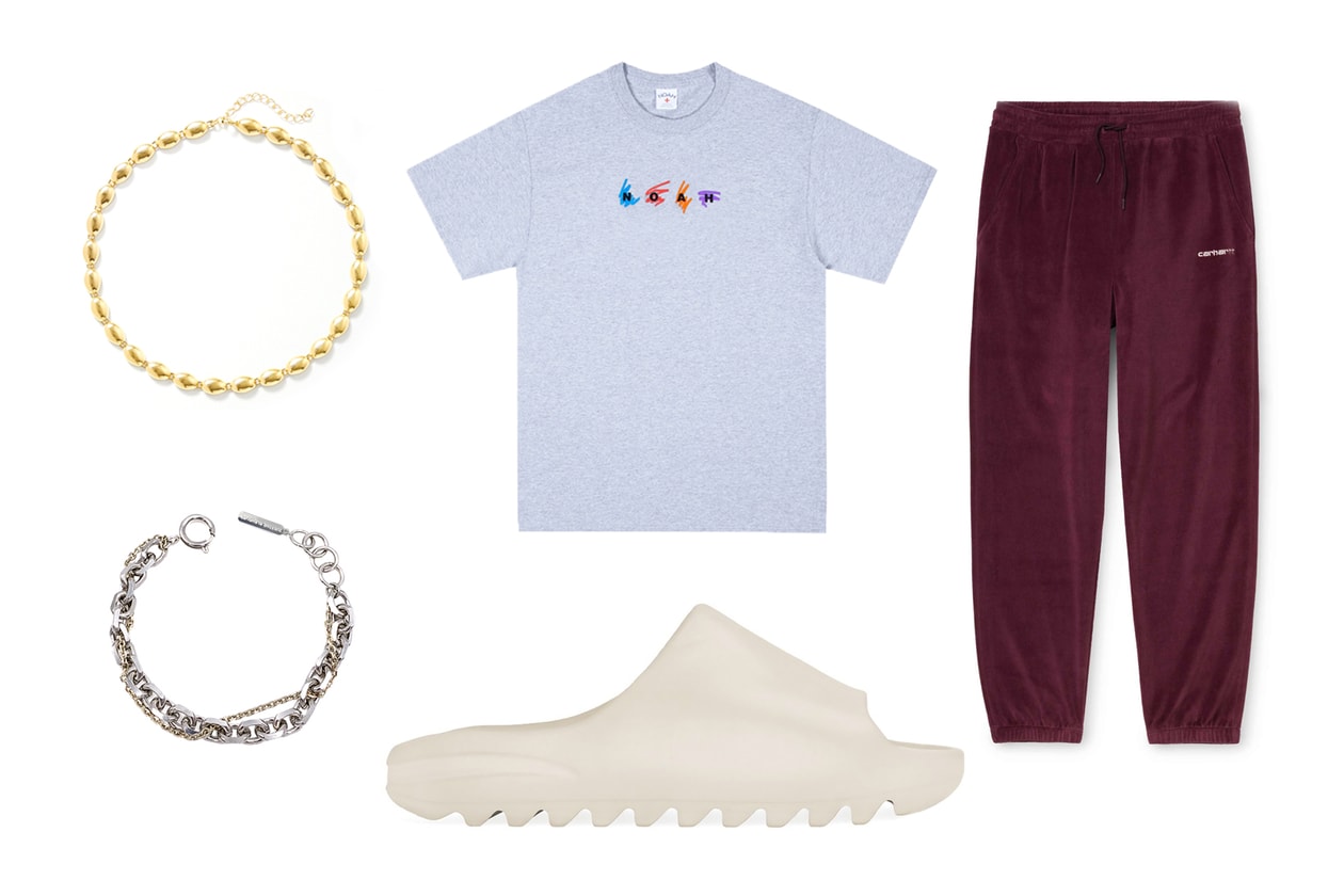 NOAH Scribble Logo Tee Carhartt WIP Burgundy Tatum Sweatpants Justine Clenquet Dana Bracelet 1064 Studio Deep in Grassland Gold-plated Necklace YEEZY SLIDE