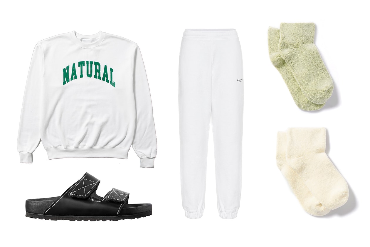 Acne White Sweatpants Peace & Quiet “Natural” Sweater Proenza Schouler x Birkenstock Arizona in “Black” Baserange Cotton Blend Socks