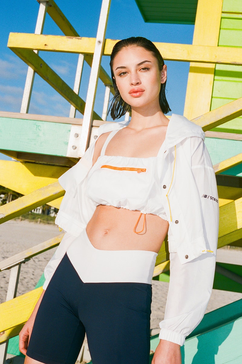 new balance staud collaboration 997 sneakers crop tops leggings shorts activewear bags green blue pink 