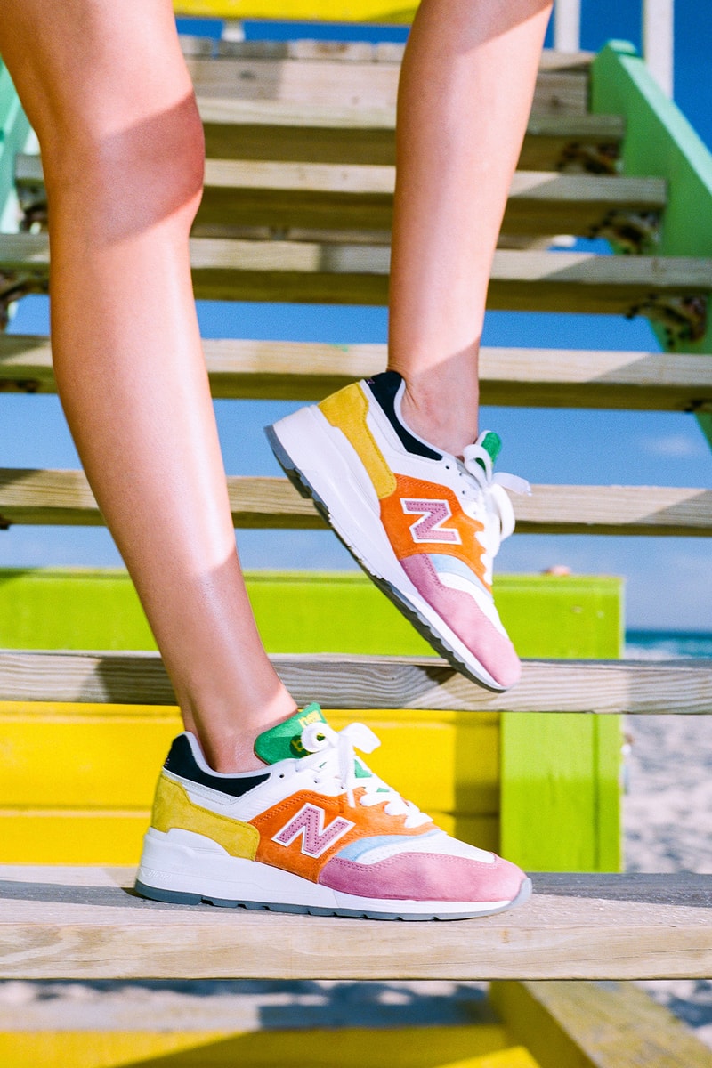 new balance staud collaboration 997 sneakers crop tops leggings shorts activewear bags green blue pink 